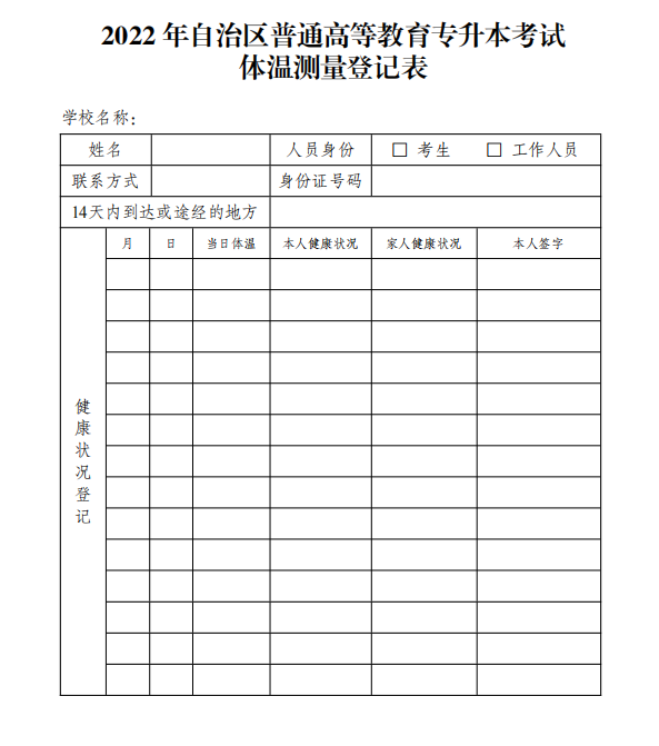 2022新疆專(zhuān)升本考試體溫測(cè)量登記表下載 2022新疆專(zhuān)升本考試體溫測(cè)量登記表下載
